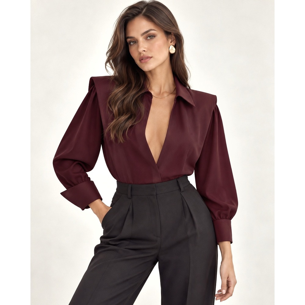 Commense Office Siren Burgundy Top Cotton V-Neck Wine Red Size M Power Dressing